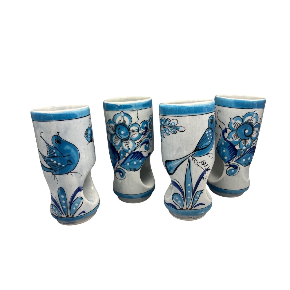 4 Tonala Pierced Tumblers Blue Bird , Flowers Hand Painted Vtg Mexico Pottery